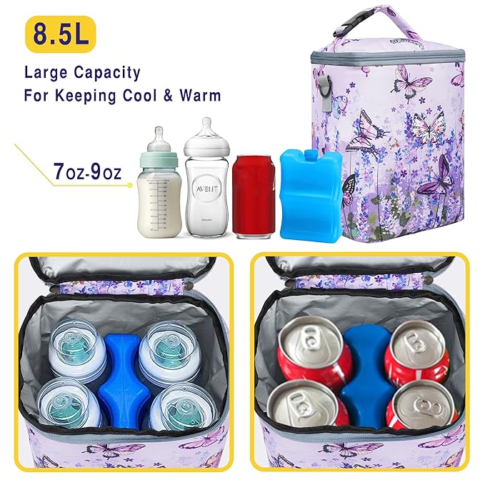 Breastmilk Bag with Ice Pack Fits 4 Bottles Up To 9 Ounce Insulated Breast Milk Cooler on the Go with Strap Baby Bottle Cooler Bag for Nursing Mom Daycare or Travel
