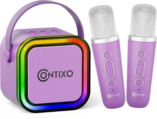 Contixo KS1A Kids Mini Karaoke Machine with LED Lights, 7–10H Playback, Dual Wireless Mics, Magic Voice Effects, Bluetooth Speaker for Children, Portable Singing Toy Gift for Boys & Girls, Purple