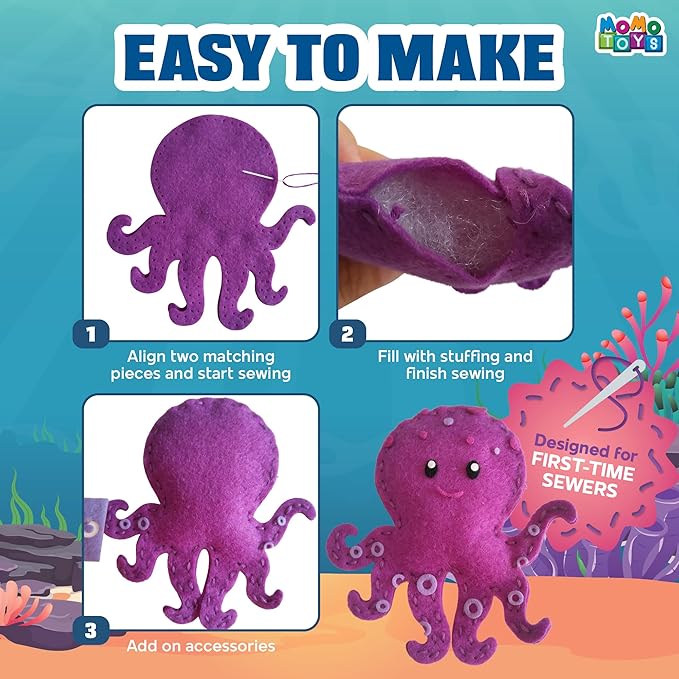 MOMOTOYS Mermaid & Sea Life Beginner Sewing Kit for Kids Ages 7+ – Includes 9 Kids Sewing Projects w/Tools & Art Supplies – DIY Felt Crafts – Girls & Boys Gifts for 7, 8, 9, 10, 11, 12 Year Old
