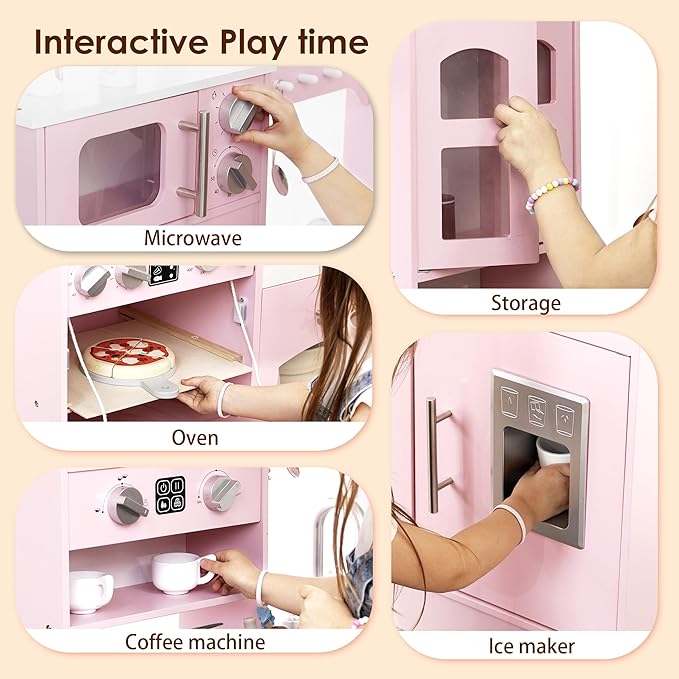 Wooden Play Kitchen for Toddlers and Kids with Lights & Sounds, Large Interactive Pretend Play Set with Ice Maker, Stove, Sink, Oven, 12 Accessories - Ages 3-8