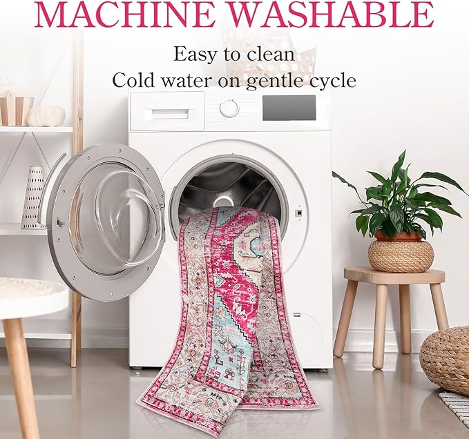 Lahome Boho Round Rug - 5Ft Washable Area Rug, Non-Slip Small Bathroom Rug, Lightweight Bedroom Throw, Oriental Distressed Print Carpet for Entryway, Sofa, Nursery, Kids Room