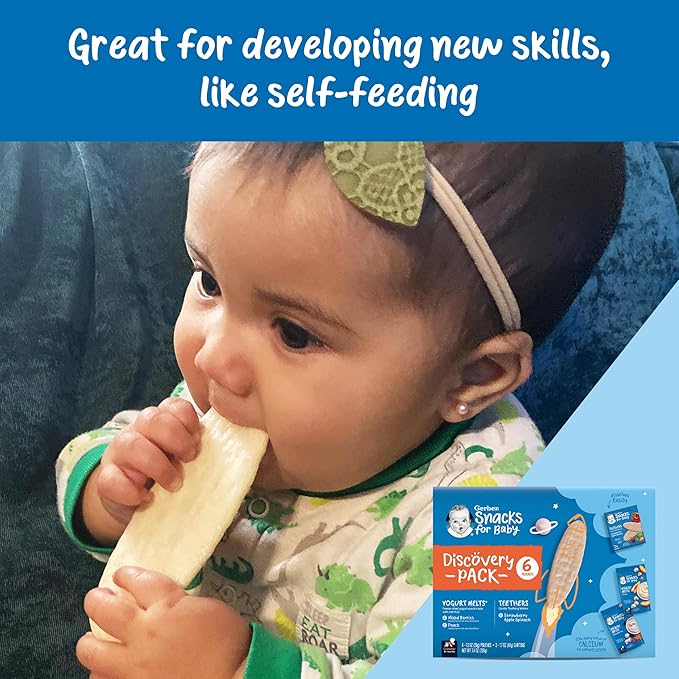 Gerber Baby Food, Baby Snacks, Discovery Pack, Teethers Strawberry Apple Spinach (2) and Yogurt Melts Mixed Berries (2) Peach (2), Crawler (8+ Months) Variety Pack (Pack of 6)
