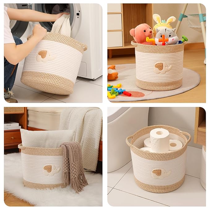 INough Toy Storage Baskets Woven Cotton Rope Storage Basket for Kids, Blanket Baskets for Living Room Toy Basket Box Toys Organizer with Embroidery Decor Cute Baskets for Nursery, Playroom (Elephant)