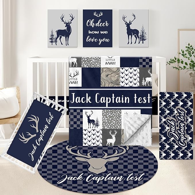 Personalized Baby Bedding Set, 5 Pcs Custom Name Crib Bedding Set, Double Layer Blue Nursery Bedding Set for Baby Boys, Woodland Deer Baby Crib Set, Gifts for Toddlers Infants New Parents