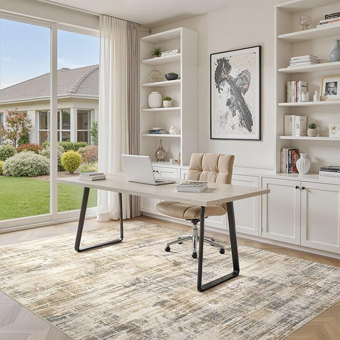 Area Rug for Living Room: 9x12 Washable Neutral Abstract Modern Soft Rugs Non Slip Indoor Floor Stain Resistant Large Carpet for Bedroom Dining Room Office Nursery - Golden Brown