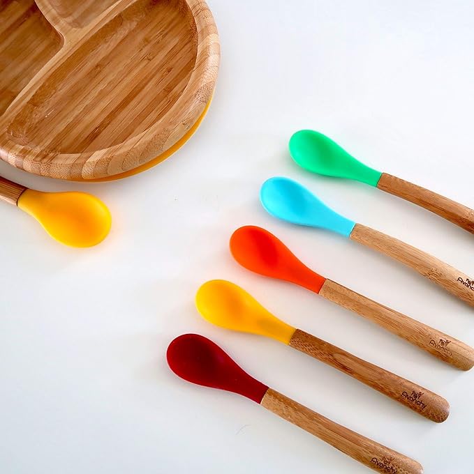Avanchy Bamboo & Silicone Infant Training Spoons, BPA Free - Soft Tip, Easy on Gums, First Stage Feeding Utensils for Baby-Led Weaning, Self-Feeding, Black