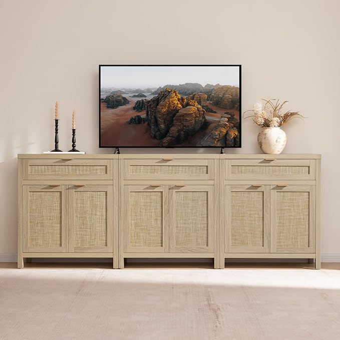SICOTAS Sideboard Buffet Storage Cabinet Set of 3, Rattan Credenza Buffet Table - Image 3