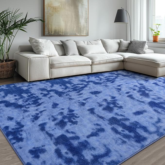 Kimicole 5x8 Washable Area Rugs for Bedroom Living Room, Low Pile Ulta-Thin Solid Color Rug, Non-Slip Soft Fluffy Carpet for Nursery Kids Room Dorm Room Home Decor (Blue)