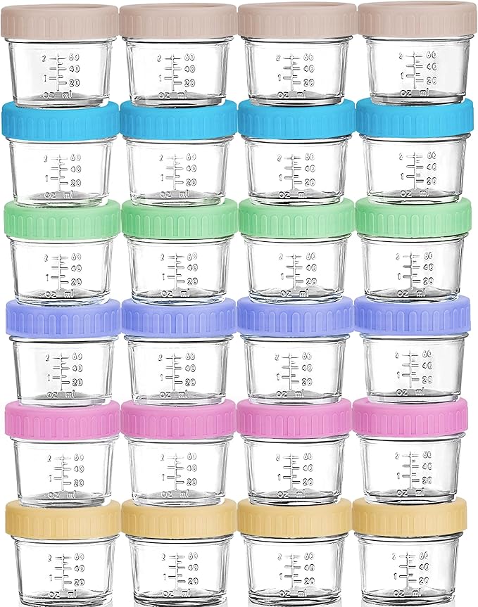 WILLDAN Glass Baby Food Storage Jars w/Lids (4 oz, 24 Pack Set) Snack, Puree, Reusable Small Containers, Breast Milk, Fridge or Freezer, Microwave & Dishwasher Safe, Essential Must Have for Infants