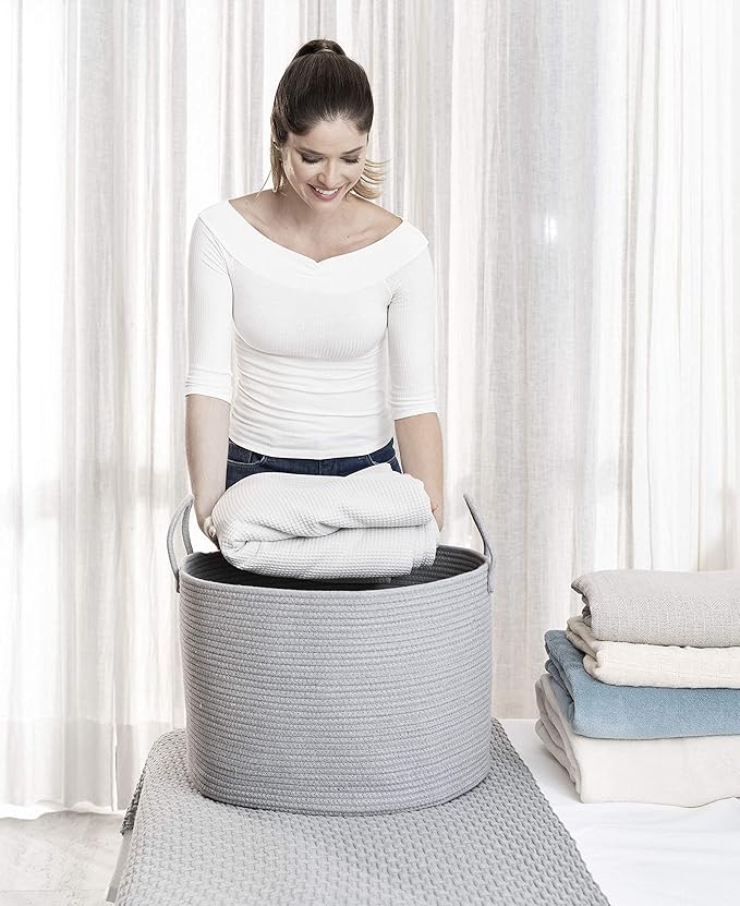 OrganiHaus Woven Laundry Basket, Large Cotton Rope Blanket Holder with Handles, Soft & Sturdy Nursery Hamper, Decorative Toy Bin for Living Room Organization 20x13 inches - Gray