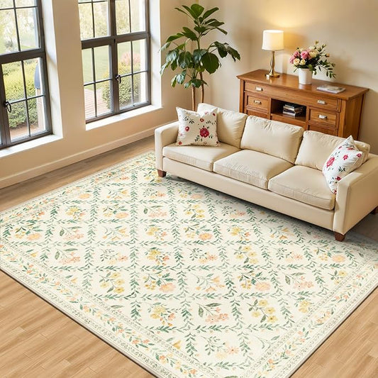 Area Rug Living Room Rugs: Floral 5x7 Washable Rug Vintage Soft Boho Non-Slip Carpet Indoor Stain Resistant Large Carpets for Bedroom Dining Room Farmhouse Nursery Hallway Home Office Beige/Multi