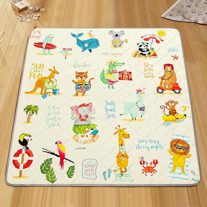 Baby Play Mat - Thicken 50x50 Inch Soft Foam Crawling Mat for Playpen & Floor, Non-Slip Waterproof Playmats for Infants & Toddlers, Portable Foldable & Machine Washable, Beach Animals