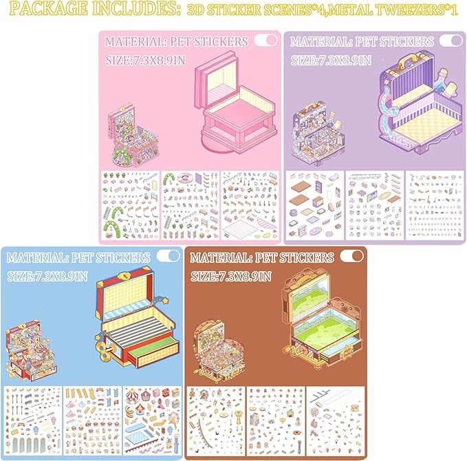 4 Sets DIY 3D Stickers Scene for Adults Teen Girls, Large 3D House Sticker Therapy Cute Cartoon Animal Scenes Sticker, Make Your Own Mini Room Scenes，Relief Stress Pass The Time Birthday Gift