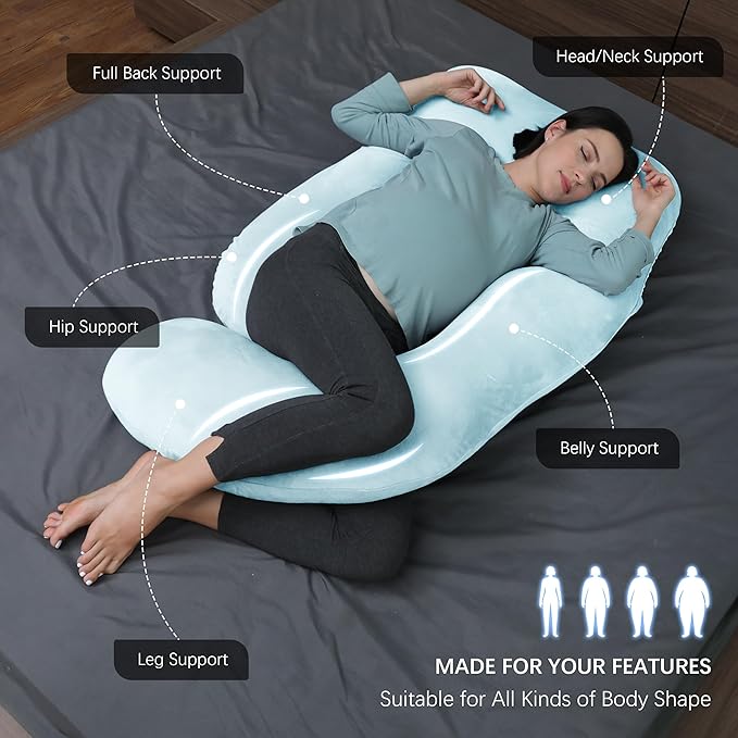 MOON PARK Pregnancy Pillows for Sleeping - U Shaped Full Body Maternity Pillow with Removable Cover - Support for Back, Legs, Belly, HIPS - 65 Inch - Aquamarine