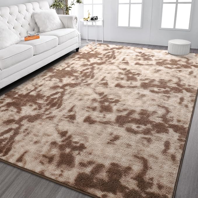 Kimicole 6x9 Washable Area Rugs for Living Room Bedroom, Large Low Pile Ulta-Thin Solid Color Rug, Non-Slip Soft Fluffy Carpet for Nursery Kids Room Dorm Room Home Decor (Brown)