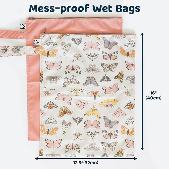 Tiny Twinkle Mess- Proof Waterproof Wet Dry Bag | 2-Packk Reusable Wet Bags for Swimsuits & Baby Clothes | Leakproof Wet Bag for Travel & Diaper Changes for Baby (Flutter)