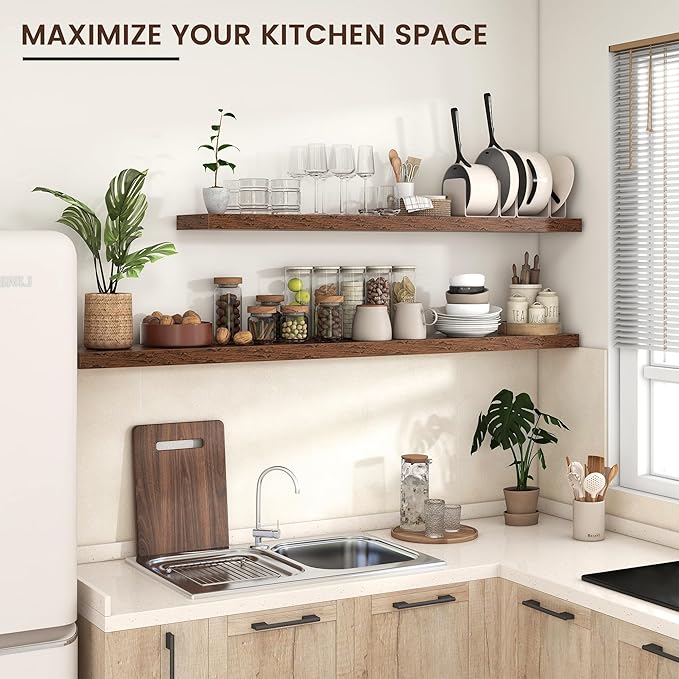 Floating Shelves for Wall, Large Wall Mounted Shelves with Invisible Brackets, Long Wood Floating Shelf for Living Room, Bedroom, Kitchen, (Brown, 72" W x 9" D x 1.5" H)