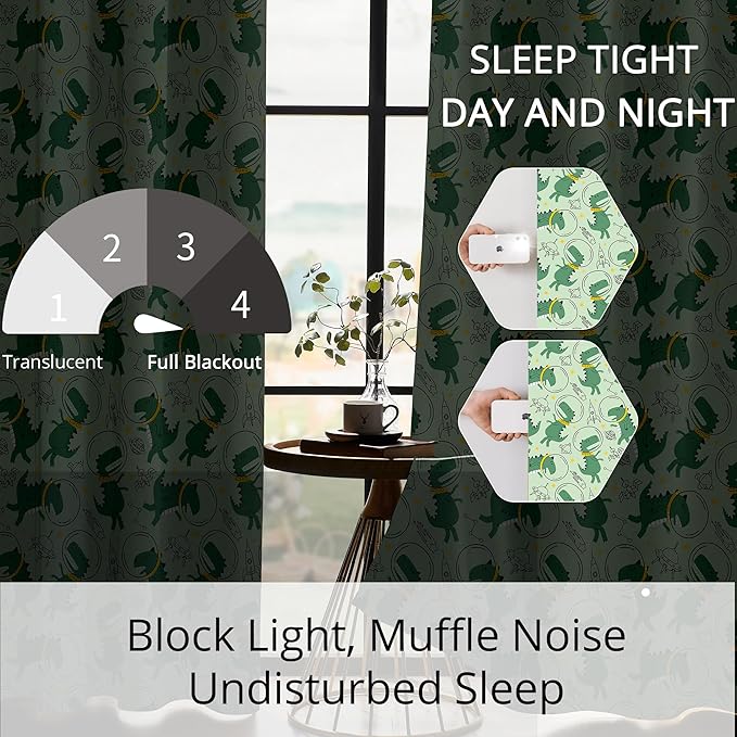 Kids Space Dino Blackout Curtains - 100% Blackout, Thermal Insulated, Noise Reducing, Perfect for Kids Room and Nursery, 2 Panels (Cosmo Dino Green, W52×L84)