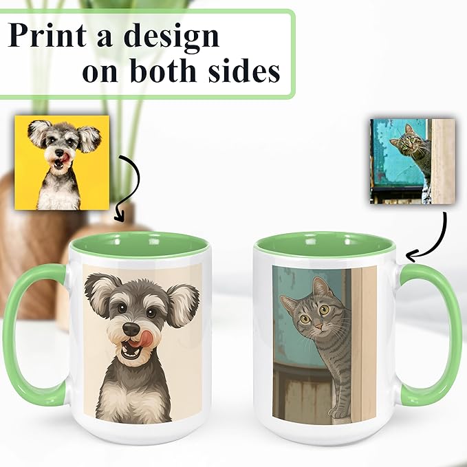 Personalized Coffee Mug, Custom Drawing Portrait Gift, Funny Customized Coffee Gift for Men & Women, Custom Mugs with Pictures, Light Green 15oz Customized Ceramic Tea Cup