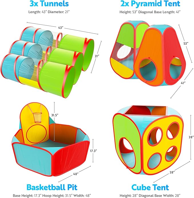 Playz 7pc Kids Play Tent with 1 Big Ball Pit for Babies, 3 Play Tunnel for Toddlers, and 3 Pop Up Tents Playhouse Bundle, Best Birthday Gift for Boys & Girls, Indoor & Outdoor Use Portable Play Center