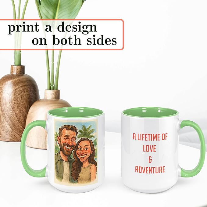 Personalized Coffee Mug, Custom Photo Caricature Gift, Funny Customized Coffee Gift for Men & Women, Custom Mugs with Pictures, Light Green 15oz Customized Ceramic Tea Cup