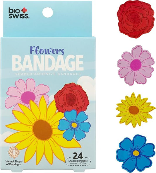 BioSwiss Bandages, Flowers Shaped Self Adhesive Bandage, Latex Free Sterile Wound Care, Fun First Aid Kit Supplies for Kids and Adults, 24 Count