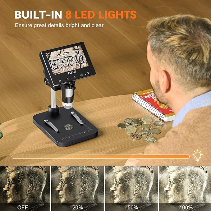 Elikliv Coin Microscope, 4.3'' LCD Digital Microscope 1000x, Coin Magnifier with 8 Adjustable LED Lights, PC View Compatible with Windows/Mac, EDM4B, Black