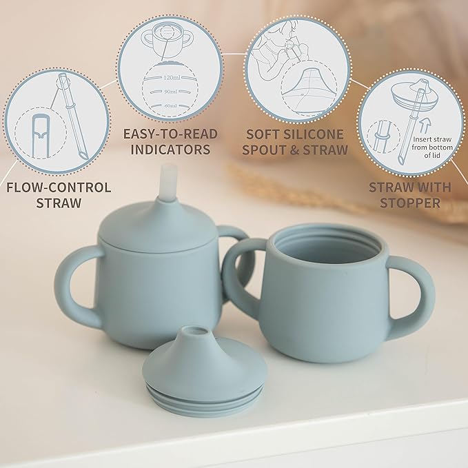 Moonkie Silicone Baby Sippy Cups | 3 Stages Training Cup Straw Cup for Infants Toddlers and Kid | 4 oz 2Pack