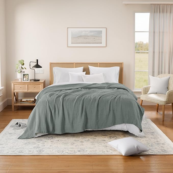 Threadmill Summer Muslin Blanket Queen | 4 Layer 100% Cotton Gauze | Soft, Breathable, and Cozy for All Seasons | Lightweight Blanket Fits Full Size Bed | Scottish Grey