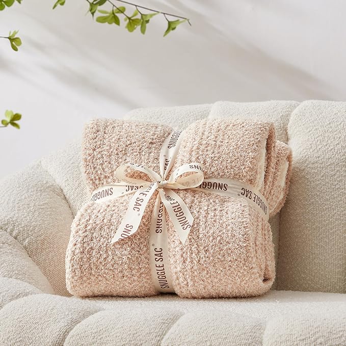 Snuggle Sac Queen Size Bedding Blankets, Super Soft Warm Oversized Bed Blankets Cozy Knit Fuzzy Blankets for Bed, Heather Beige, 90x90 inches