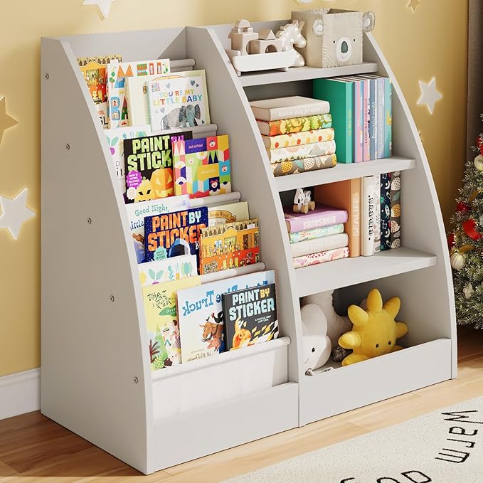 4 Tier Kids Bookshelf, 4 Layer Sling Kids Book Shelf for Kids Rooms,Wood Children Bookcase,Baby Storage Book Rack,Toddler Bookshelf, Book and Toy Organizer,Book Display Shelf for Bedroom, Nursery