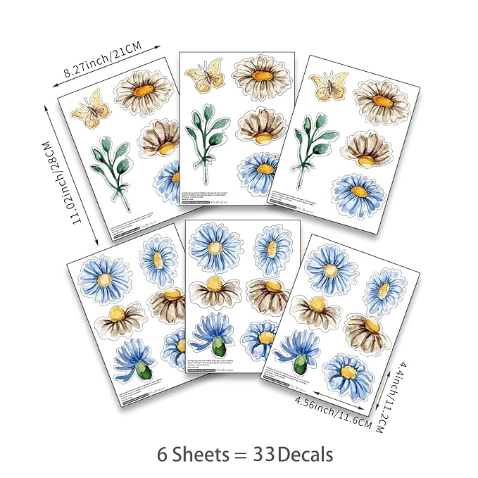 YouRfocus Blue Daisy Wall Decals | 33 PCS Boho Flower Stickers for Girls' Rooms, Playrooms, and Nurseries | Dual Layer Print for High Coverage | Removable Peel and Stick Wall Decor | 6 Sheets