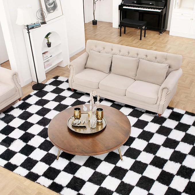 Super Soft Rug for Bedroom, 4x6 Ft Black and White Area Rug Classic Checkered Shaggy Anti-Skid High Pile Soft Fluffy Rug Fuzzy Carpet for Living Room Bedroom Kids Room Nursery, Dorm Home Decor