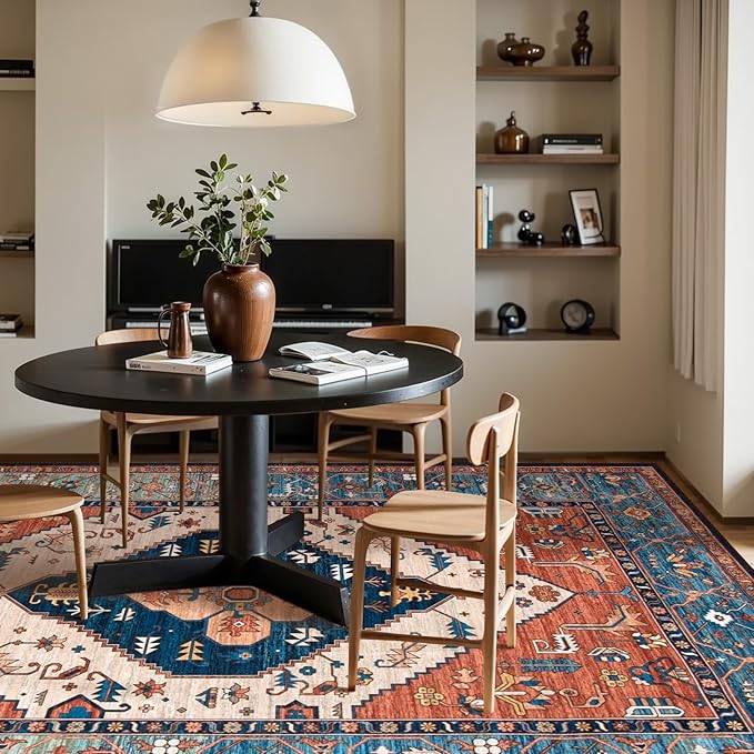 Lahome 8 x 10 Area Rugs for Living Room - Boho Washable Non-Slip Backing Large Rug Ultra-Thin Stain Resistant Dining Room Rugs for Under Table, Oriental Print Carpet Rugs for Bedroom (Rust, 8'x10')