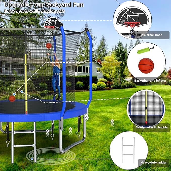 Upgraded Trampoline 8FT/10FT/12FT/14FT With Basketball Hoop, Light, Sprinkler, Stakes - Outdoor Backyard for 4-6 Kids and Adults