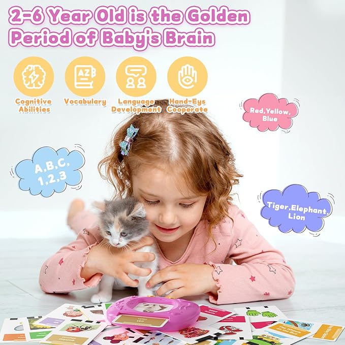 Toddlers Bilingual Spanish & English Talking Flash Cards with 288 Sight Words, Speech Therapy Toys for 1 2 3 4 5 6 Years Old Boys and Girls, Learning Educational Kids Gifts (Pink)