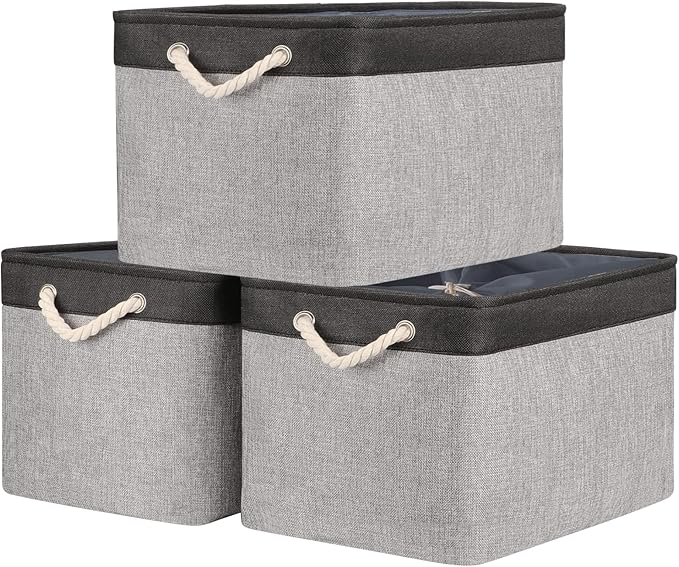 TheWarmHome Organization and Storage Basket for Shelves - 20x16x14 inch Jumbo 3 Pack Collapsible Storage Bins for Organizing, Fabric Storage Cubes for Organizer Gift Toy Closet (Black & Grey)