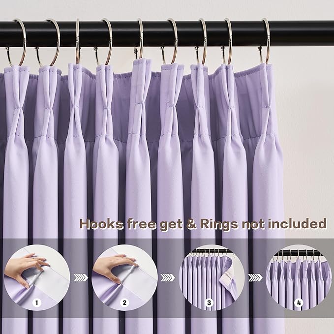 KEQIAOSUOCAI Pinch Pleated Lavender Blackout Curtains 63 Inches Long, Sound & Light Reducing Room Darkening Drape for Girl's Bedroom(Lavender, 2 Panels, W40 x L63)