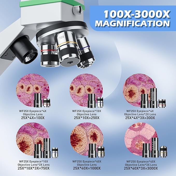 Microscope for Adults Professional, Compound Microscope for Kids 8-12, 100X-3000X High-Power Biological Microscope for Students, School Lab & Home Education, with Slides Set