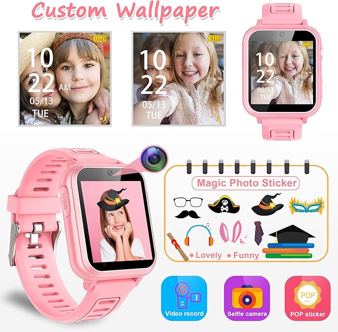 Smart Watch for Kids Gift for Girls Age 5-12, 1.54" Touch Screen Watch with HD Camera Video 24 Games Music Pedometer Flashlight Alarm Clock, Gifts for 7 8 9 10 Year Old Girls Boys