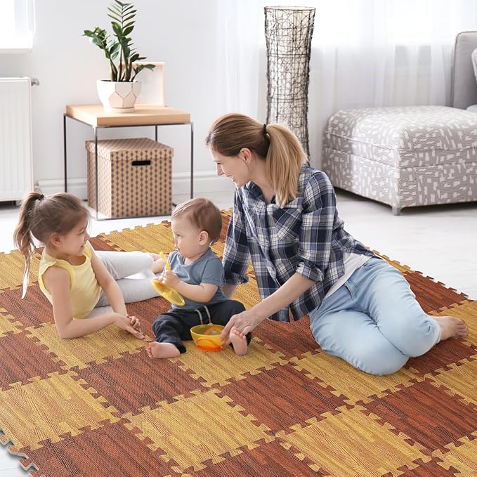 Skyweaver 24 Tiles Soft Non-Toxic Baby Play Mat for Floor EVA Foam Jigsaw Puzzle Play Mat, Interlocking Squares with 0.6inch for Babies, Toddlers & Kids Gym, Nursery, Playroom,Brown
