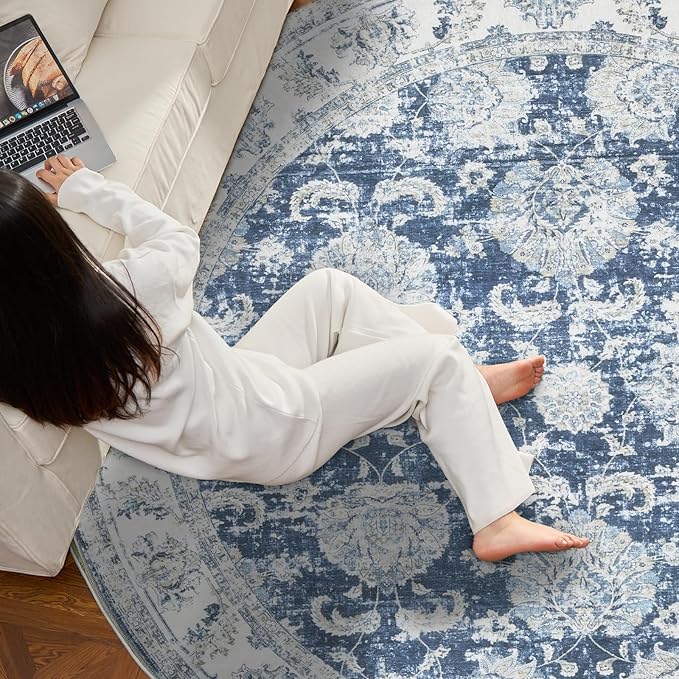 jinchan Round Rug 7ft Area Rug - Dark Blue Vintage Floor Mat Kitchen Indoor Ultra-Thin Soft Floral Print - Washable Circle 7' Retro Accent for Farmhouse Non Slip Dining Room Living Room Bedroom Office