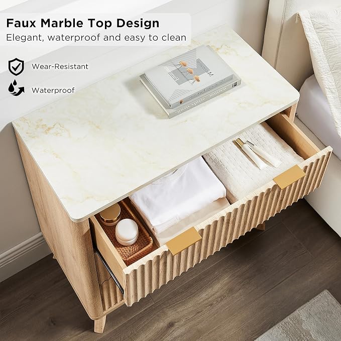 T4TREAM Fluted 3 Drawers Nightstand, Oversized Extra Large Modern Side Table - Image 4