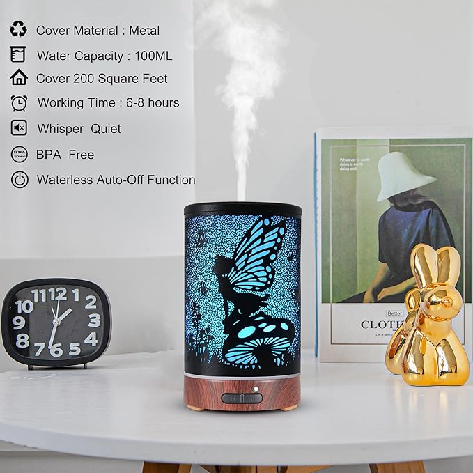 Essential Oil Diffuser, Ultrasonic Diffuser for Essential Oil, Cool Mist Humidifier Aromatherapy Diffuser with 7 Color Lighting Changing Modes, Waterless Auto Shut-Off for Home（Flower Fairy）