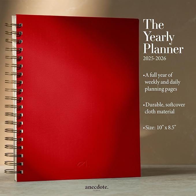 Anecdote 2026 Planner (8.5" x 10") Daily Planner Weekly Monthly Planner - 52 Weeks w/Library Buckram Cover, Brass Spiral - A4 Size Bleed-Resistant Paper – Red