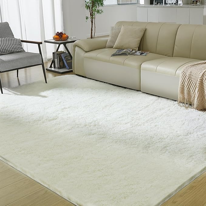Ultra Soft Rug for Living Room, 4X6 Fluffy Shag Area Rug for Bedroom, Modern Shaggy Carpets Fuzzy Rug for Teens Dorm Nursery Home Decor Aesthetic, Upgrade Anti-Skid Durable, Cream White