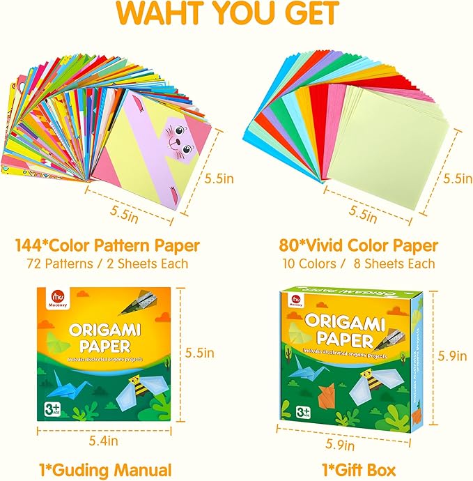 Mocoosy 224 Sheets Origami Paper Kit for Kids Ages 5-8 8-12, Color Folding Paper Set with Origami Book, Art Craft Supplies for Boys Girls 9-12, Travel Game Airplane Car Road Trip Activities Toy Gifts