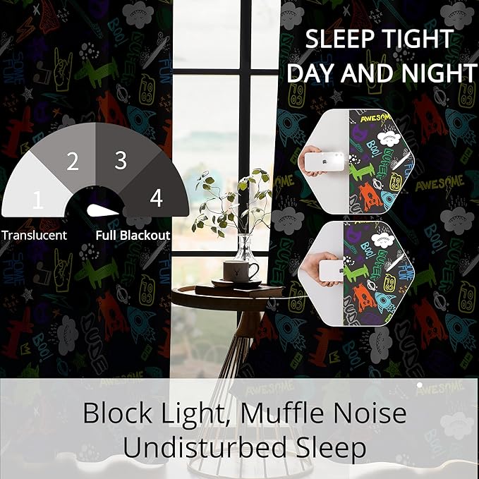 Kids Teen Graffiti Space Blackout Curtains - 100% Blackout, Thermal Insulated, Noise Reducing, Perfect for Kids Room and Nursery, 2 Panels (Graffiti Space Vibes, W52×L63)