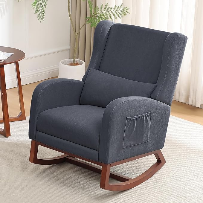 Nursery Rocking Chair, Rocking Chair Nursery with Foot Rest, Comfy Fabric Glider Rocker Nursing Chair with High Back for Nursing, Living Room, Bedroom, Grey