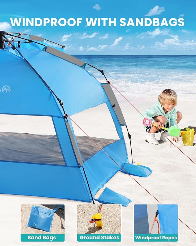 OutdoorMaster Beach Tent with Blackout Shelter Technology, Portable Beach Shade Sun Shelter Canopy for 4-6 Person with UPF 50+ UV Protection, Easy Setup Pop Up Tent Family Size
